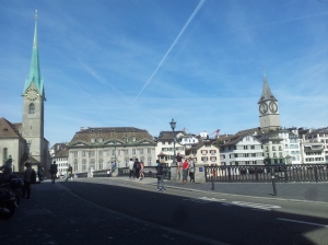 pretty spire and buildings, with blue sky in Zurich